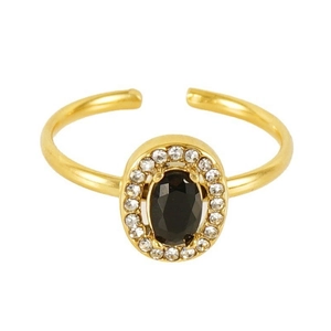 Detail of 18K gold adjustable ring with oval black gemstone and white zircon pavé