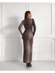 Elegant leopard print maxi dress with long sleeves and high neck shown from the back view