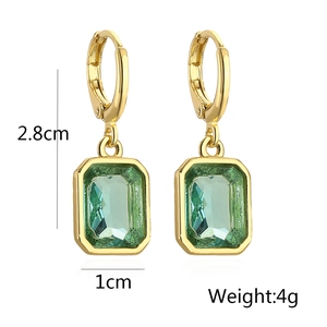Detail shot of green rectangle zircon earrings with 2.8cm height and 4g weight specs