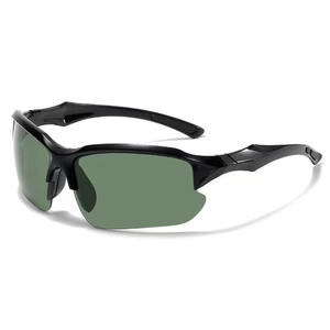 Polarized sports sunglasses for men featuring a streamlined black frame and dark green lenses