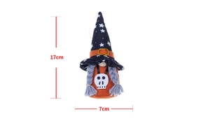 Detailed size view of a 17cm Halloween gnome plush with orange wizard hat and gray braids