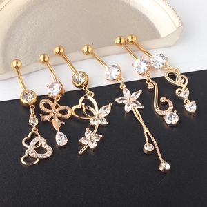 6-piece gold belly button ring set with heart and butterfly cubic zirconia charms