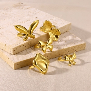 18K Gold Plated Stainless Steel Open Rings For Women Butterfly Heart Irregular Molten Texture Adjustable French Retro