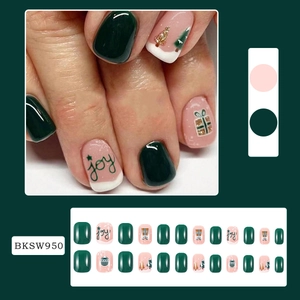 Christmas press-on nails set with green and pink joy patterns and 24-piece nail tips