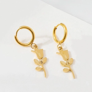 Rose Flower Hoop Earrings Stainless Steel Gold Plated Elegant Floral Dangle For Women