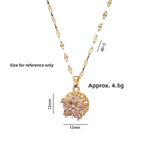 Detail of pink zircon cherry blossom pendant on gold flat chain with size measurement