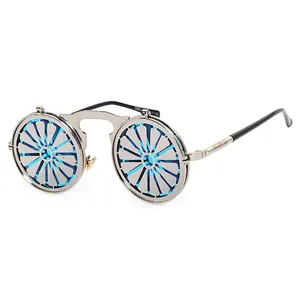 Steampunk round metal sunglasses with flip-up double lenses and blue mirrored coating