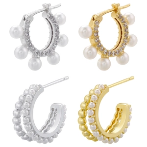 Brass Artificial Pearl Hoop Stud Earrings Elegant Double Layer C Shaped Design With Cubic Zirconia For Women Luxury Jewelry