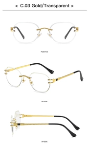 Three-view shot of gold rimless sunglasses with diamond-cut transparent lenses