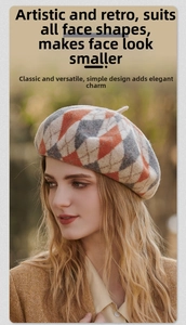 Macro detail of the orange and grey argyle knit pattern on a wool beret hat