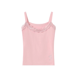 Detailed view of pink camisole with delicate lace trim and subtle rhinestone logo