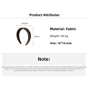 Detail showing dimensions and cloth material with gold chain decor for this black headband
