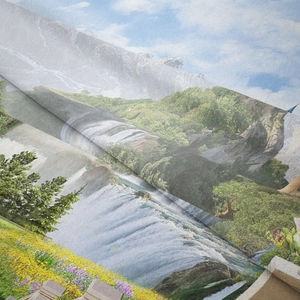 Detailansicht der Stofftextur eines Wandteppichs mit lebhaftem Natur-Wasserfall-Druck