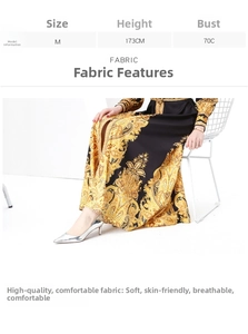 Detail of baroque floral print dress with soft breathable fabric and model measurements