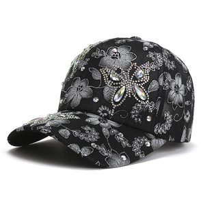 Rhinestone Butterfly Baseball Cap Lace Floral Breathable Adjustable Sunshade Fashion Hat For Women