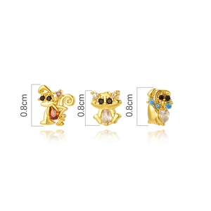 Detailed view of cute 0.8cm animal stud earrings set with colorful zircon stones
