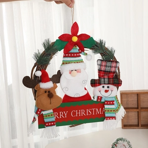 Christmas rattan wreath with reindeer, Santa, and snowman plush dolls for door hanging decor