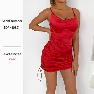 Sexy Red Satin Spaghetti Strap Mini Dress For Women Ruched Drawstring Backless Cowl Neck Bodycon Party Night Out