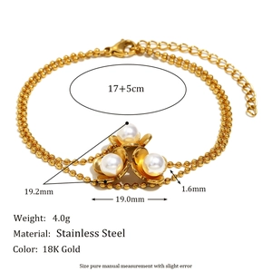 18K gold plated stainless steel bead bracelet featuring three flower pearl charms
