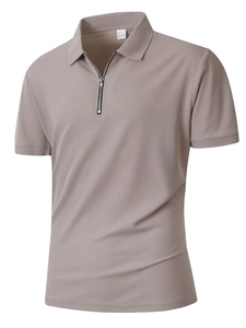 Close-up of men's polo shirt featuring a quarter-zip collar and textured polyester fabric