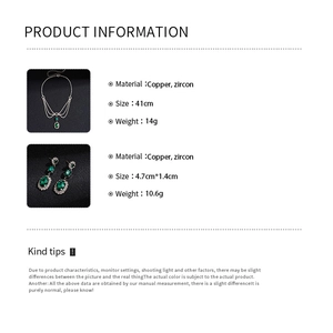 Detailed specs for emerald zircon jewelry set featuring necklace and drop earrings