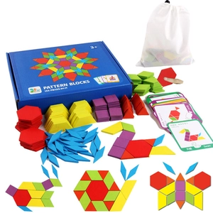 Detailed set of 155 colorful wooden geometric blocks with guide cards and storage bags