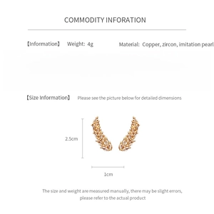 Detailed size chart for gold wheat ear pearl earrings with zircon inlay dimensions