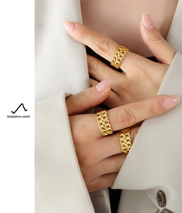 Detail of 18k gold plated double layer chain rings in stainless steel on hands