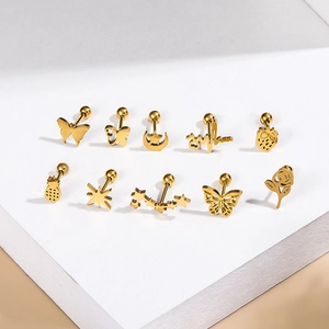 Golden stainless steel stud earrings set featuring butterfly moon and star shapes
