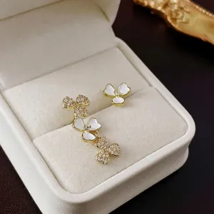 Asymmetric Flower Earrings Copper Zircon White Enamel With 925 Sterling Silver Earring Post Gold Plated Elegant Floral