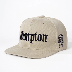 Khaki flat brim snapback cap featuring Compton Old English embroidery and money bag design
