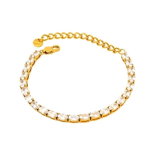 Bracelet tennis en acier doré avec zircons ovales transparents sur fond blanc pur