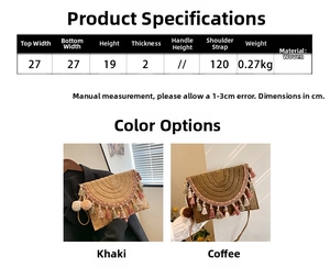 Size chart showing straw woven crossbody bag dimensions 27x19x2cm with tassel detail