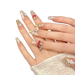 Long trapezoidal press-on nails with 3D butterflies, pearls and colorful rhinestones
