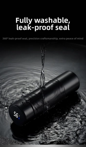 Detail of smart thermos with LED display showing temperature and waterproof sealing feature