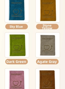 Detailed grid showing multi-color PU leather passport covers with gold foil heart design