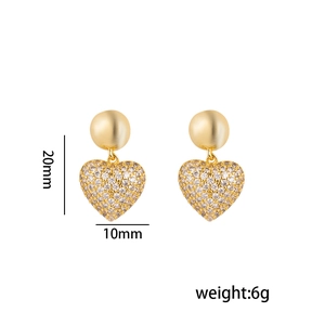 Gold heart dangle earrings with white zircon, 20mm height, 10mm width, weighing 6g