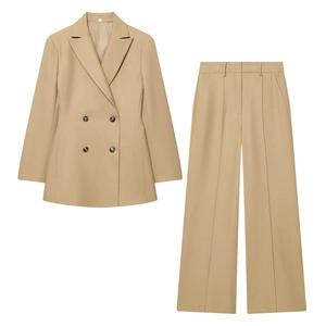 Polyester Twill Blazer And Wide Leg Pants Elegant Professional Office Streetwear Women Double Breasted Peak Lapel High Waist