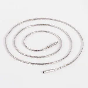 Detailed view of silver snake chain necklace with smooth metallic texture and cylinder ends