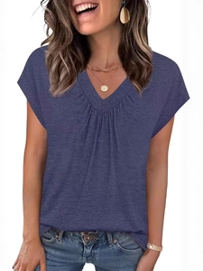 Damen T-Shirt Mit V-Ausschnitt Und Raffung Kurzarm Locker Lässig Sommer Einfarbig Polyester Strickoberteil