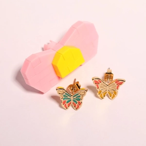 Vintage 3D butterfly stud earrings with colorful gradient oil painting and golden base