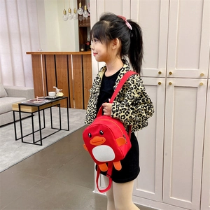 Cute cartoon red penguin toddler backpack for girls aged 1-5 years with plush canvas texture