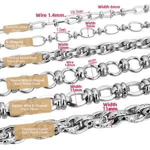 Detail of various stainless steel chain styles including twist and link patterns