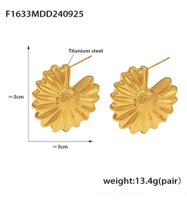 Detail view of 18k gold plated titanium steel sunflower earrings with dimensions and weight
