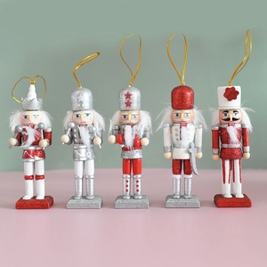 Set of 5 red and white wooden Christmas nutcracker figurines with glitter and hanging strings