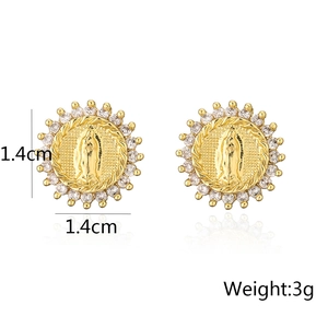 Macro detail of 18K gold geometric earrings featuring Our Lady of Guadalupe and cubic zirconia