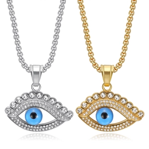Pendentif Seul en Acier Inoxydable Mauvais Œil Avec Strass Incrustés Pupille Bleue Or Argent Bijoux Femme