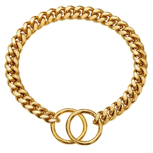 10mm golden stainless steel Cuban link dog collar with double-loop secure closure