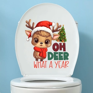 Waterproof Christmas toilet lid sticker featuring a cartoon reindeer and holiday text