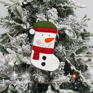 Christmas snowman stocking decoration hanging on snowy tree with festive glitter accents